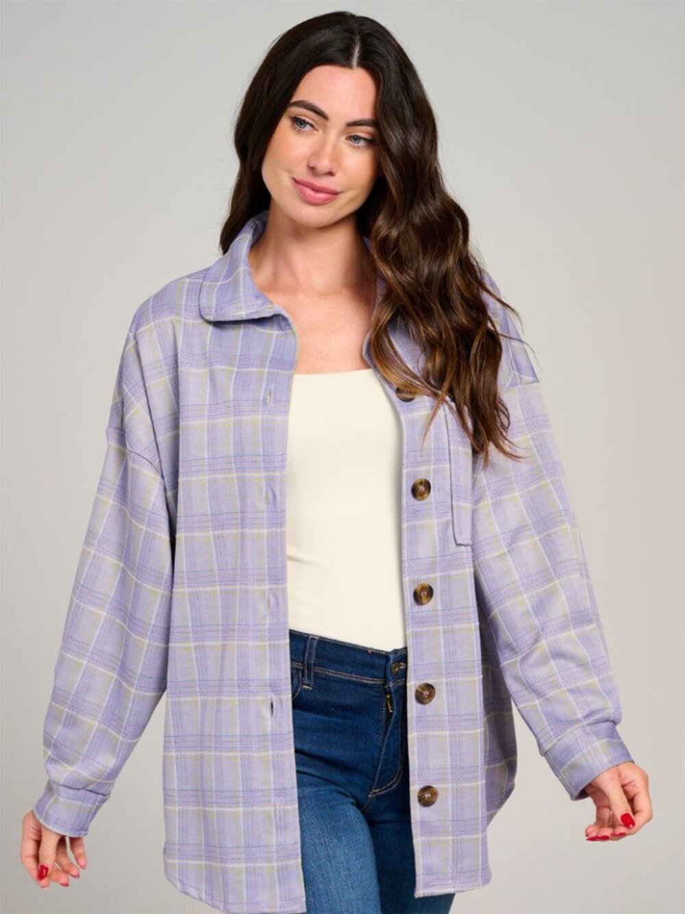 Les Amis Lavender Long Sleeve Button Up Plaid Shirt Shacket